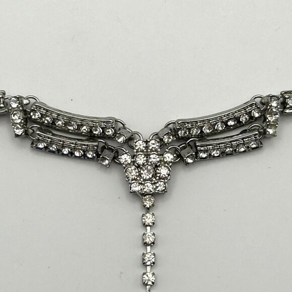 KL Silver Tone Rhinestone Y Drop Adjustable Necklace Evening Bridal - Picture 6 of 12